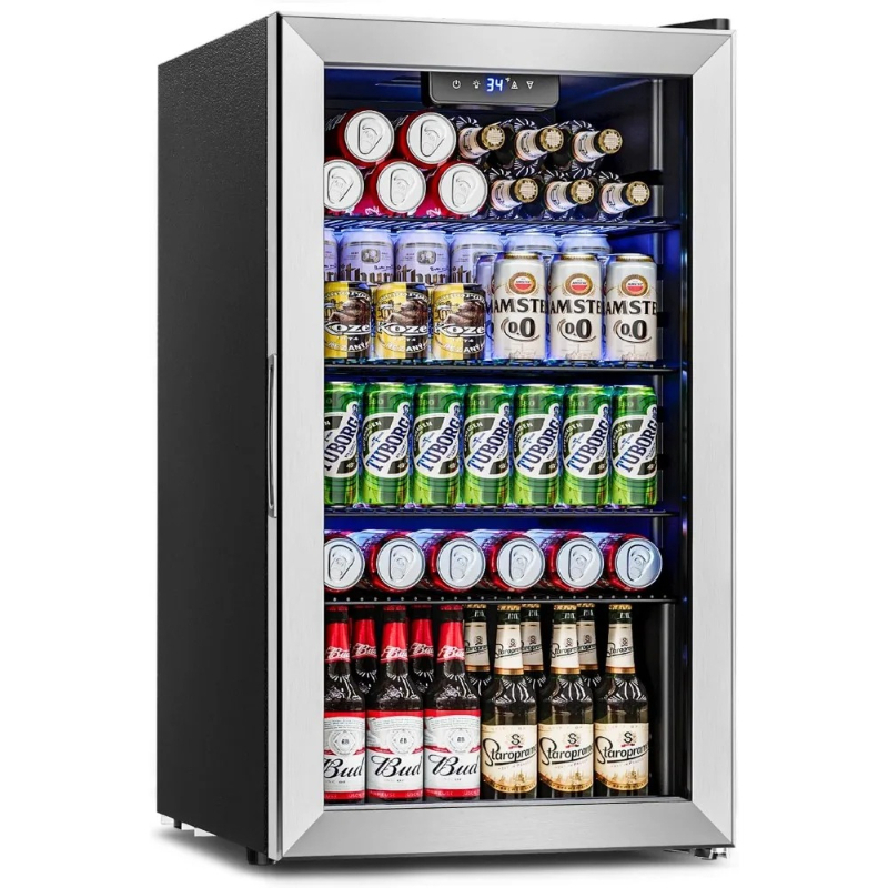 Wine Beer Cooler Fridge - 飲料用冷蔵庫クーラー - 126缶ミニ冷蔵庫、ドリンク、ソーダ、ビール、ワイン用ガラス扉 - オフィスや寝室用小型冷蔵庫
