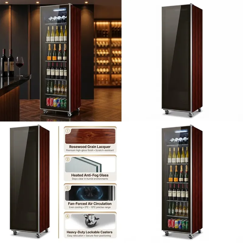 Wine Beer Cooler Fridge - SFW認証 ローズウッド仕上げ シングルガラスドア 縦型ワイン・ビール・リキュール陳列用クーラー ディスプレイ冷蔵庫