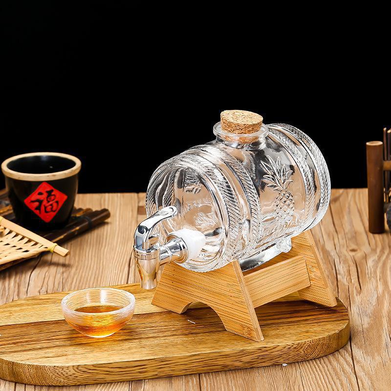 Wine To Beer Alcohol - 1Lガラス製ウイスキー樽ワイン樽ビール瓶フルーツ熟成アルコール蜂蜜保存容器ベース付き蛇口付きバーウェア