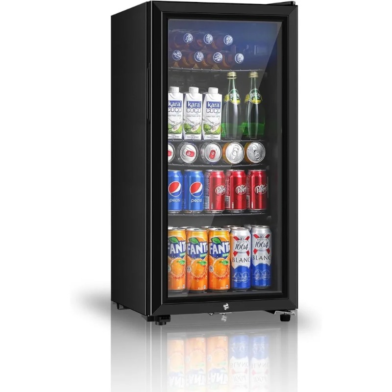 Wine Beer Cooler Fridge - 飲料用冷蔵庫、3.2立方フィートのミニ冷蔵庫、二重ガラスドア付き、ソーダ、ビール、ワイン用クーラー、家庭、オフィス、バー用