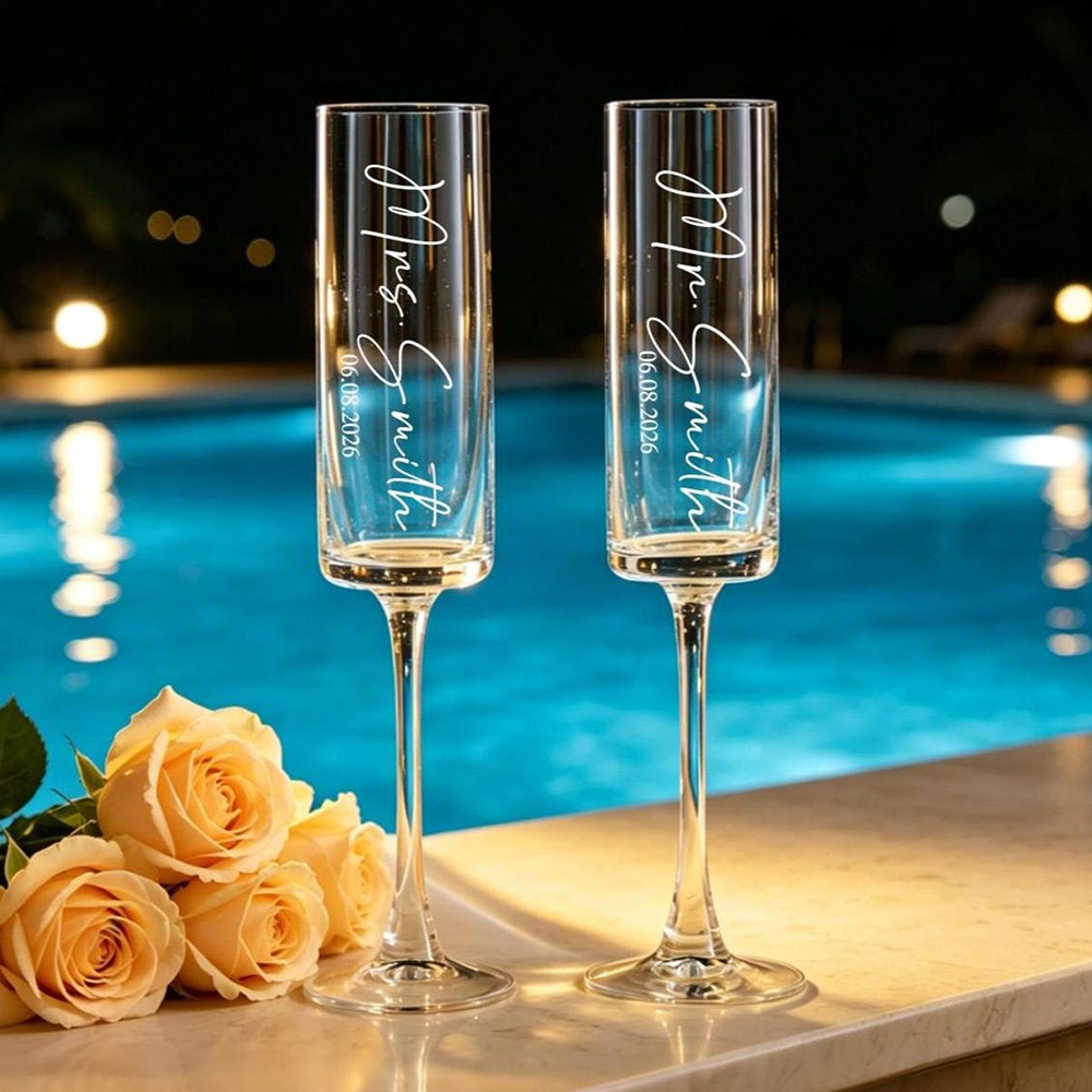 カスタムウェディングシャンパンフルート2個セット　名入れ結婚 - Champagne Flute Pair のレビューと価格