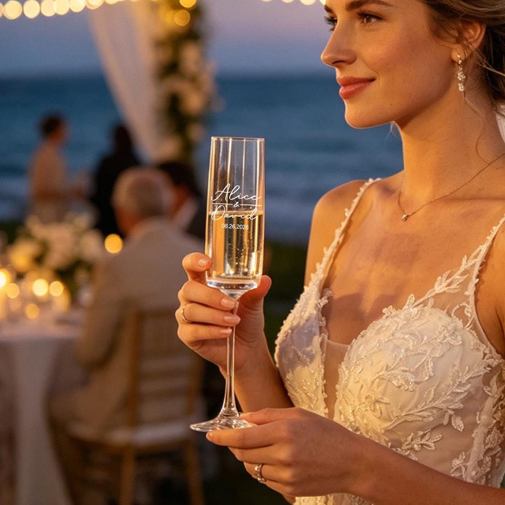 カスタムウェディングシャンパンフルート2個セット　名入れ結婚 - Champagne Flute Pair のレビューと価格