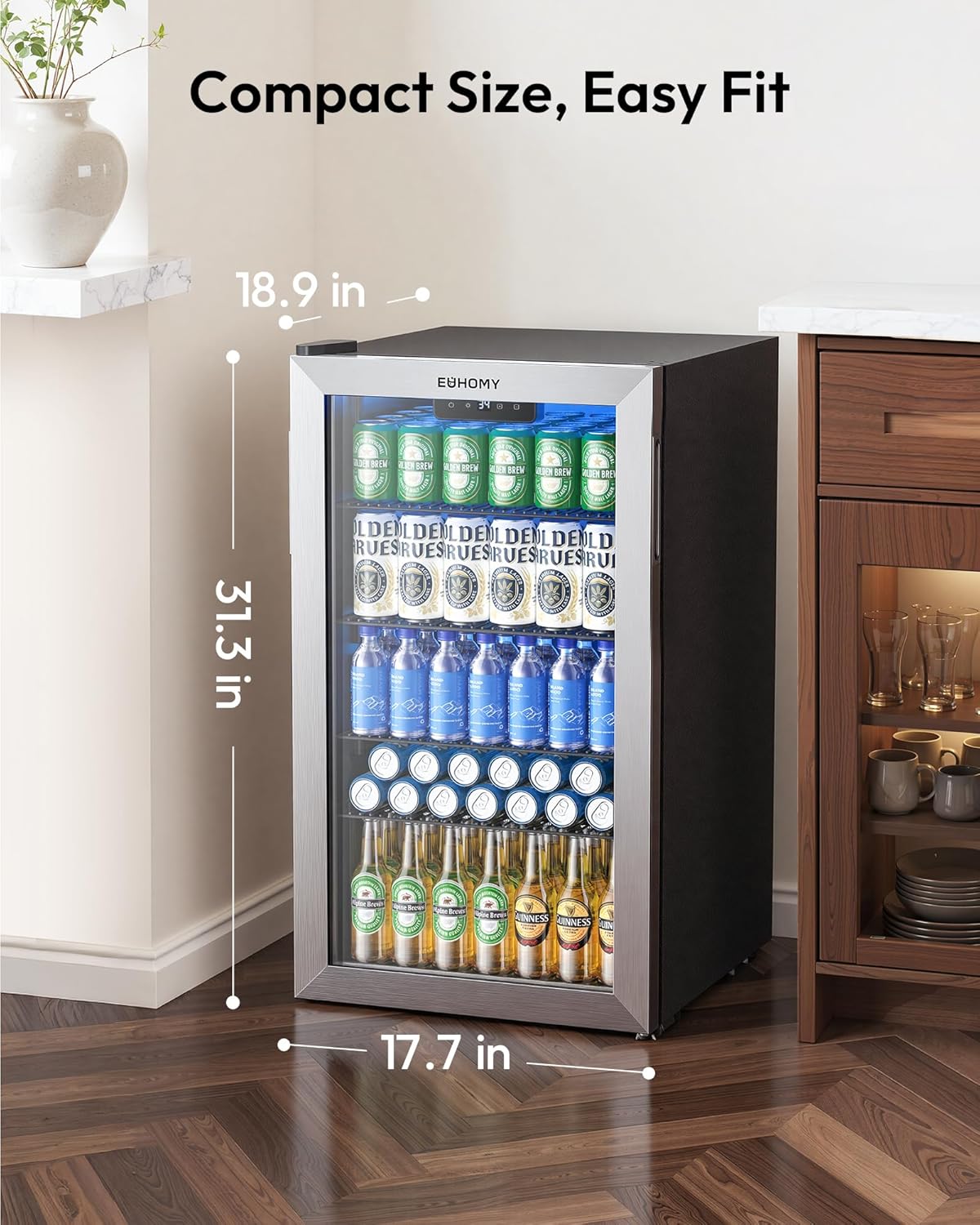 ミニ冷蔵庫 130缶収納 ガラス扉付き ソーダ・ワイン・ビー - Wine Beer Cooler Fridge のレビューと価格