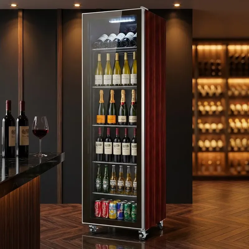 YWM認証 ローズウッド仕上げ シングルガラスドア 縦型ワイ - Wine Beer Cooler Fridge のレビューと価格